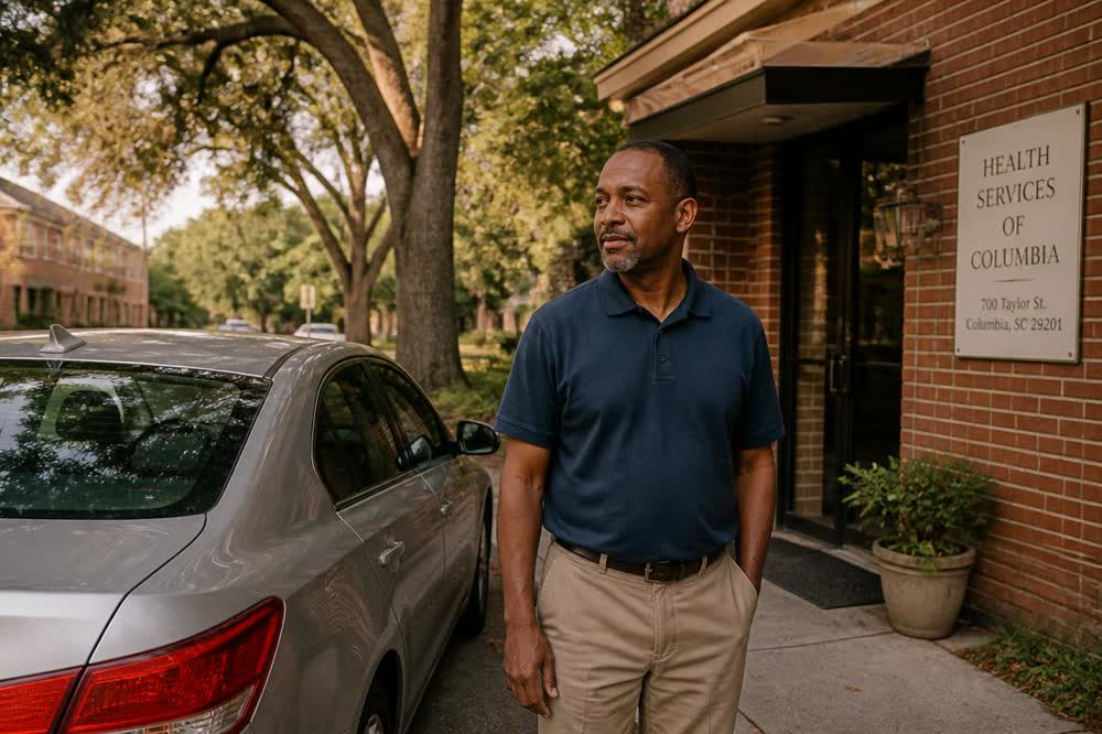 A Senior Express driver standing beside his car outside a brick clinic entrance in Columbia, waiting for his passenger to finish her appointment.