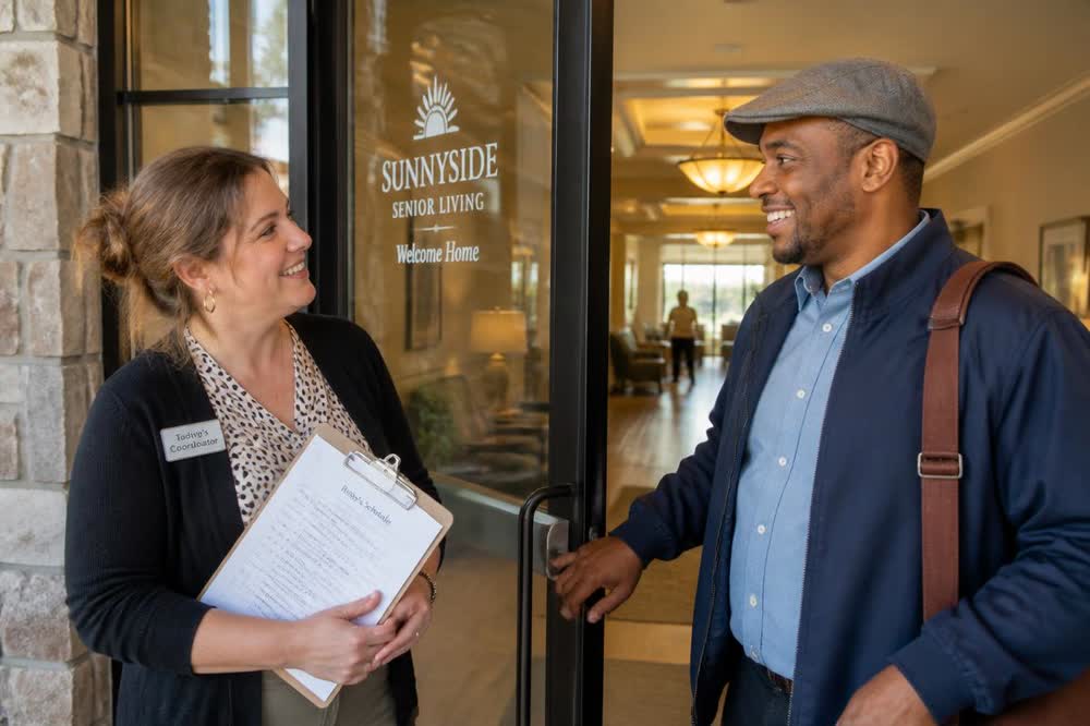A senior living coordinator with a clipboard greeting a Senior Express driver at the facility\u2019s front door to hand off a resident\u2019s schedule.