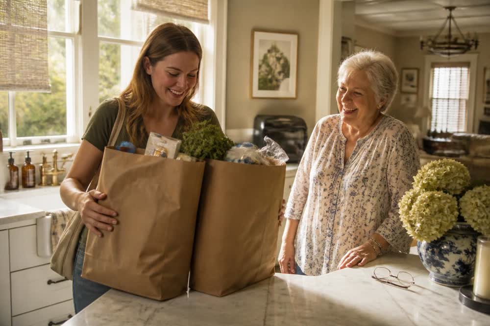A companion carrying two paper grocery bags in to a sunlit kitchen counter while the older woman she drove home stands beside her, laughing.
