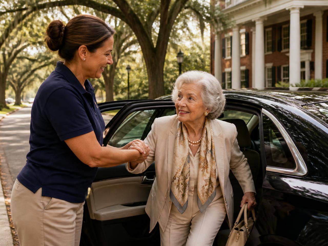 A Senior Express driver holding a smiling older woman's hand as she steps out of the car outside a brick, white-columned building in Columbia.