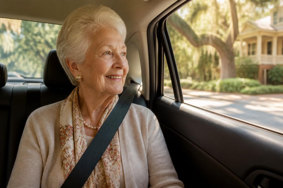 An older woman riding comfortably in the back seat of a Senior Express car, seatbelt fastened, looking out at a tree-lined street.