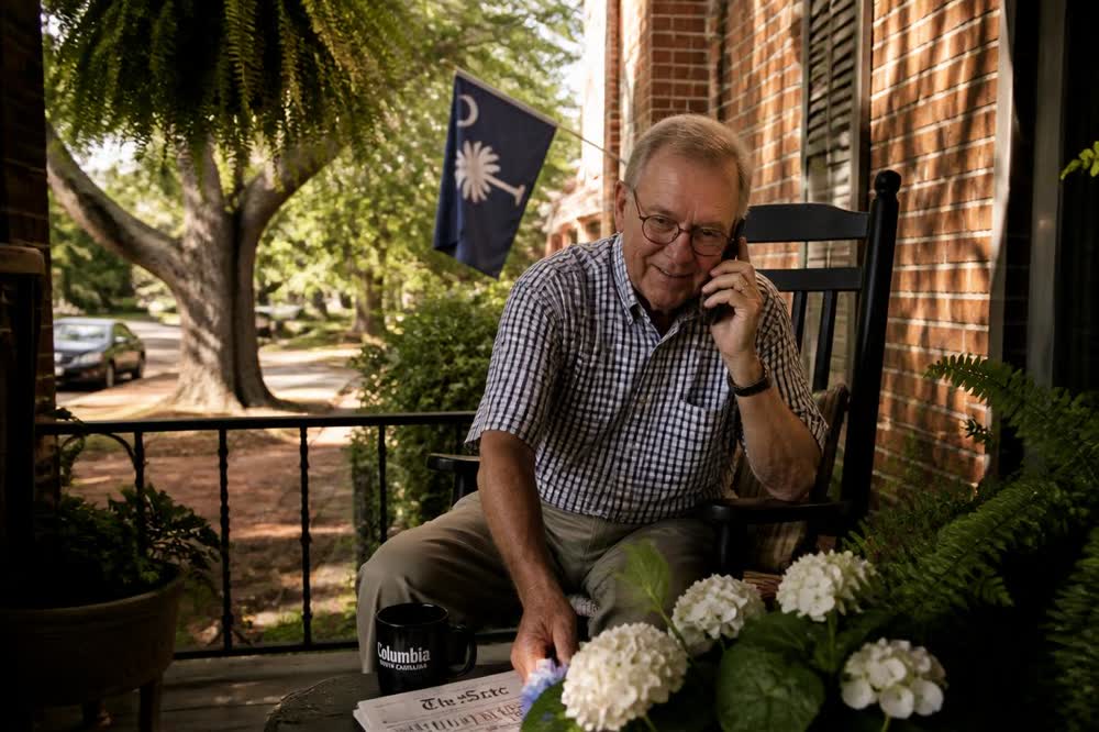 An older man sitting in a rocking chair on his shaded brick porch, phone to his ear, arranging a ride on a quiet Columbia street.