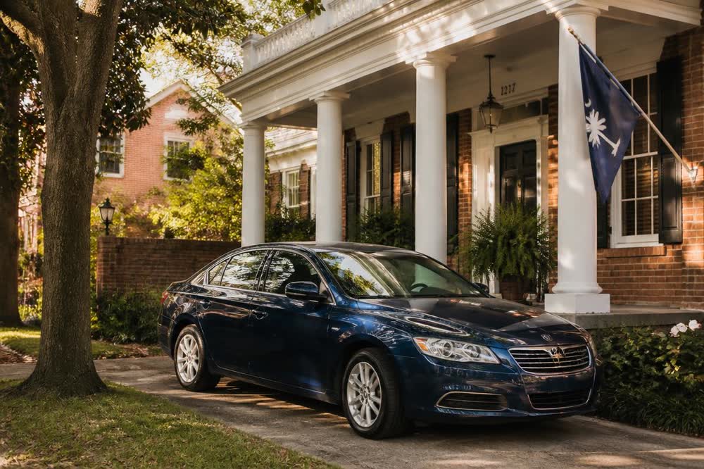 A clean, well-kept navy sedan parked in the driveway of a brick, white-columned house on a shaded Columbia street.