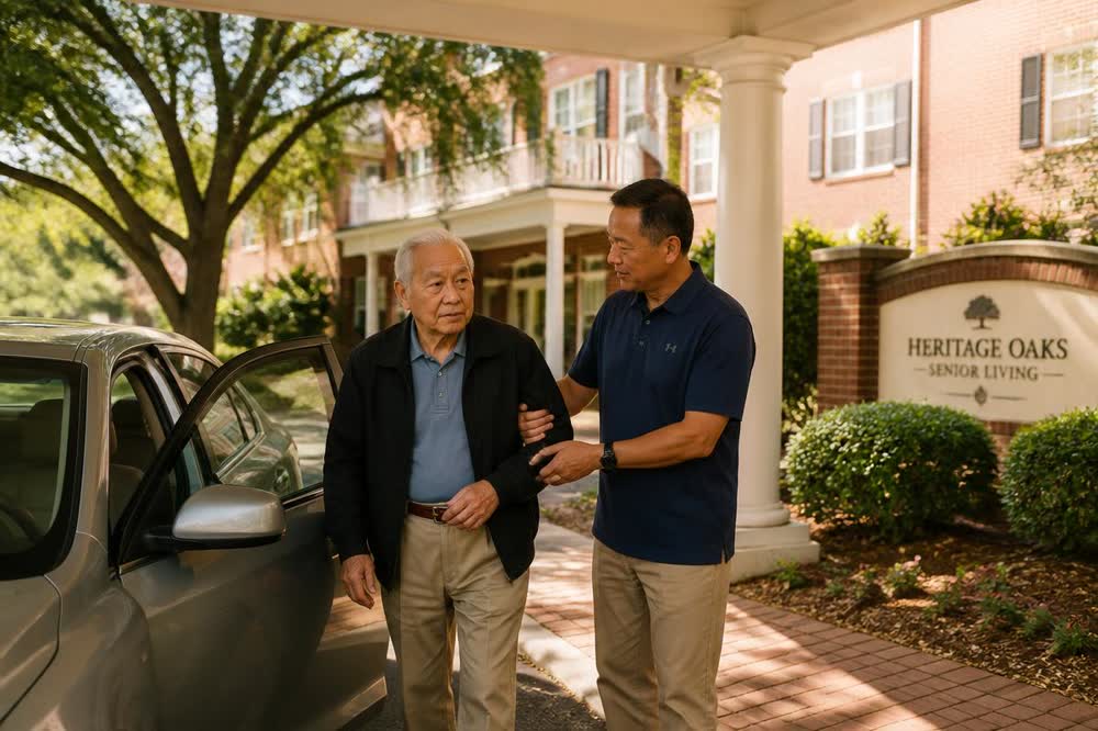 A driver offering a steadying arm as an older man steps out of the car under the columned entrance of a senior living community.