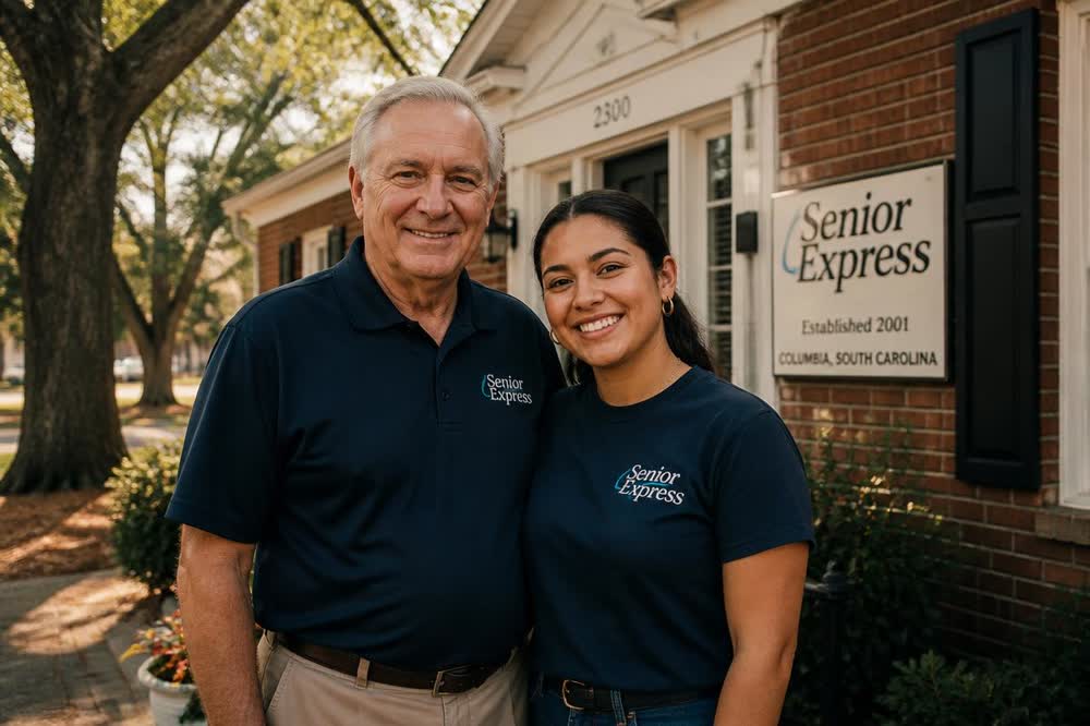 Two Senior Express team members, an older man and a younger woman in navy shirts, standing together outside their small brick office in Columbia.