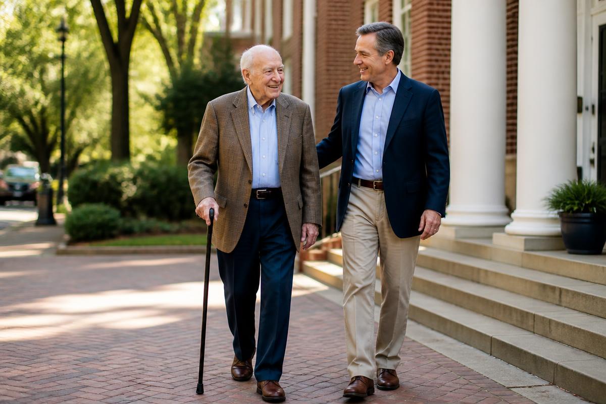 An older man walking with a cane beside a companion toward the entrance of a brick medical building.